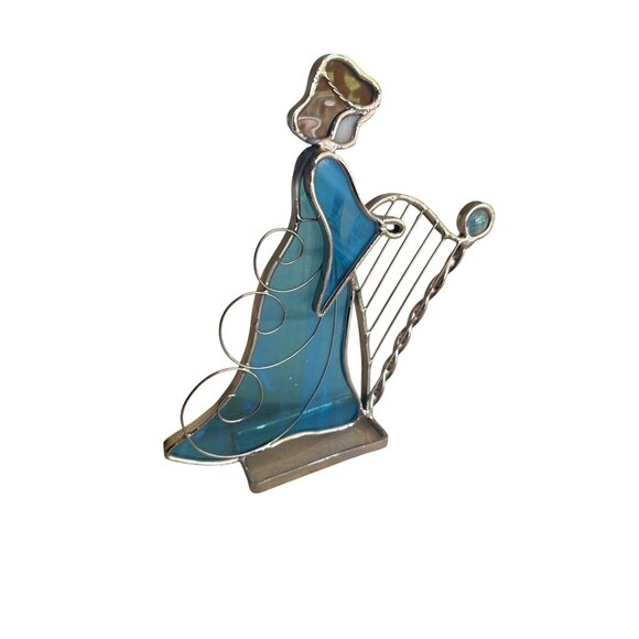 Stained Glass Angel Figurine With Harp Blue & Silver Christmas Holiday - Picture 2 of 4